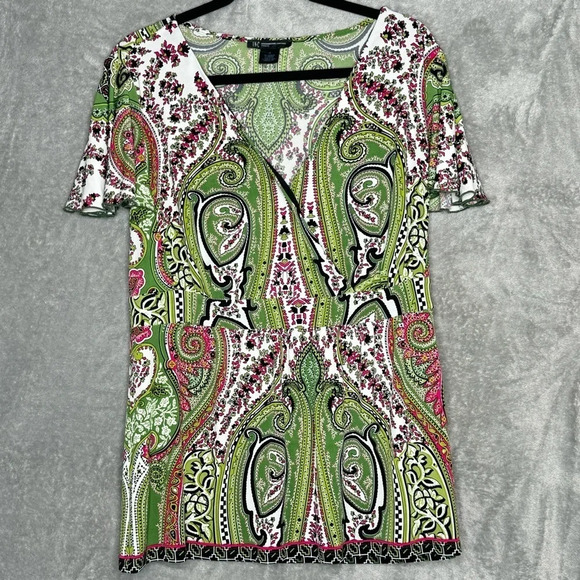 INC International Concepts 1X Shirt Top Green Paisley Cap Short Sleeve V Neck - Picture 1 of 7